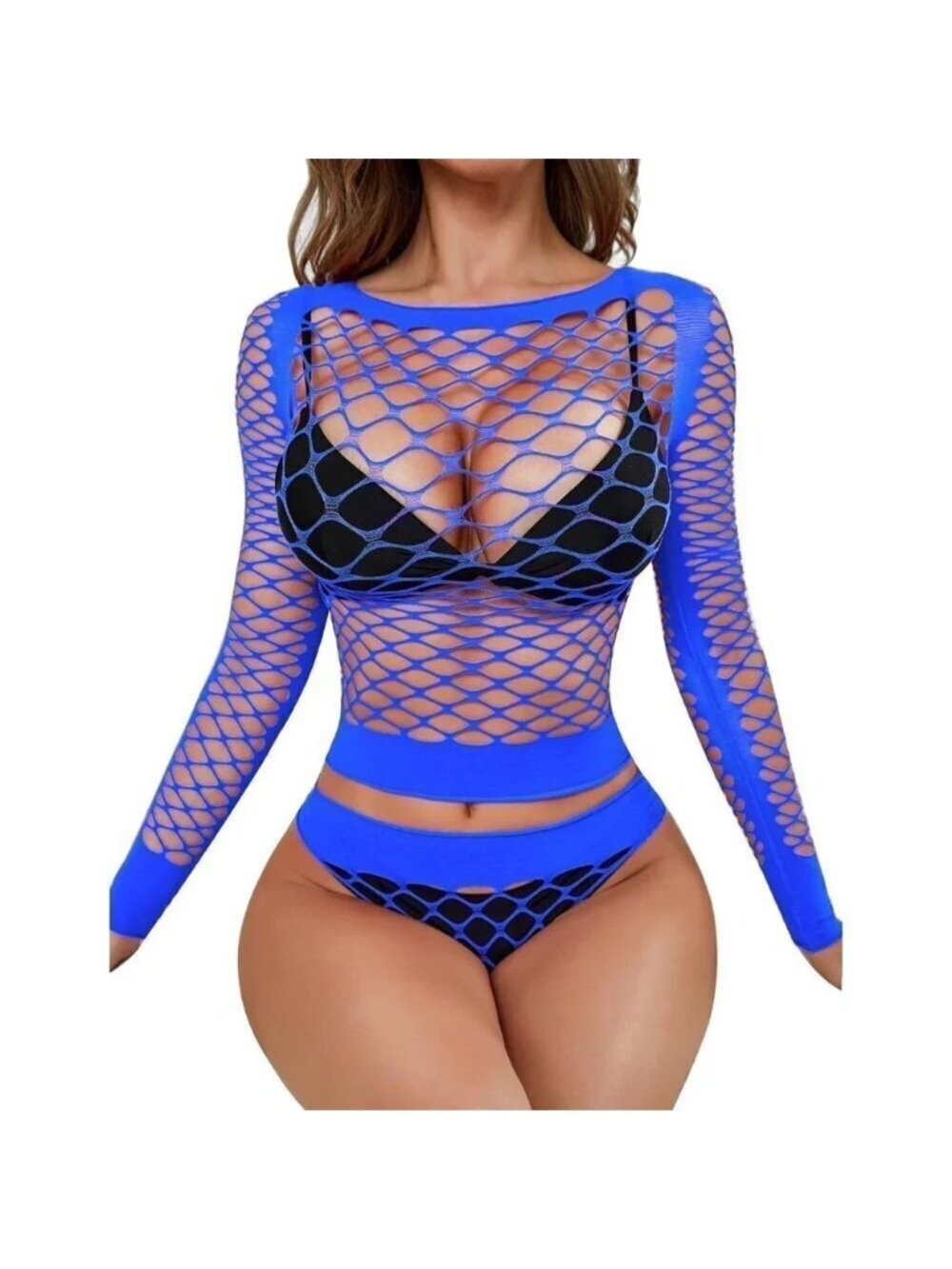 Rslove Women Sexy Mesh Lingerie Fishnet Babydoll Free  Size Bodysuit- Blue